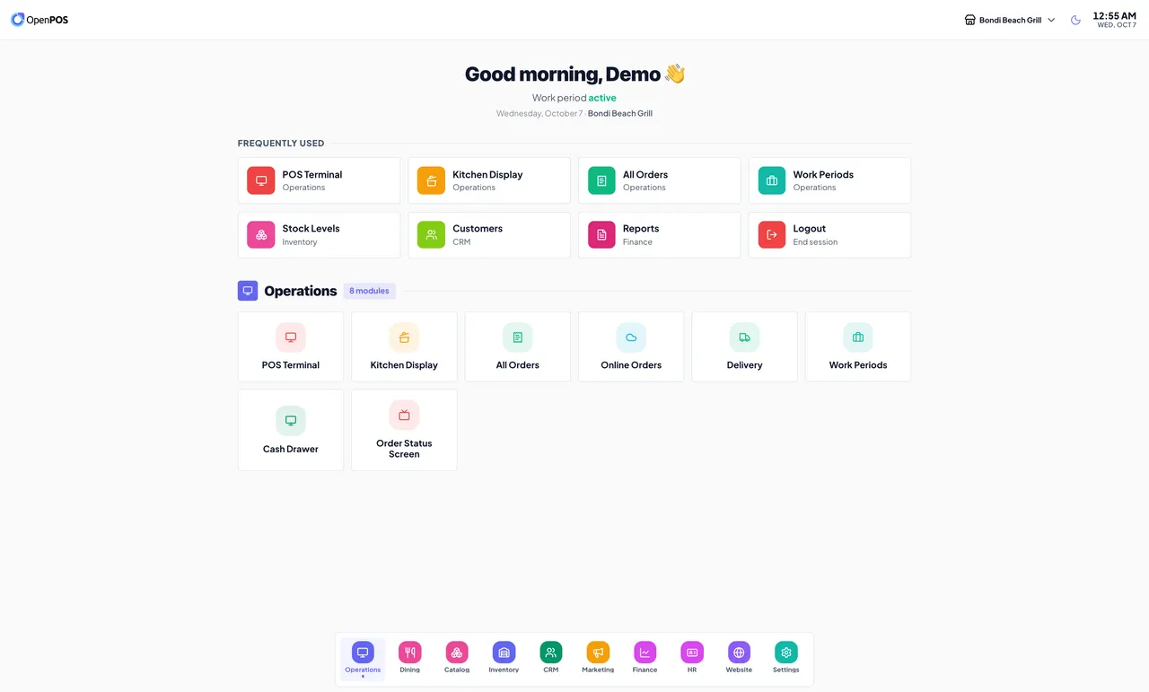 SureTill launch pad with greeting, work-period status and frequently used shortcuts