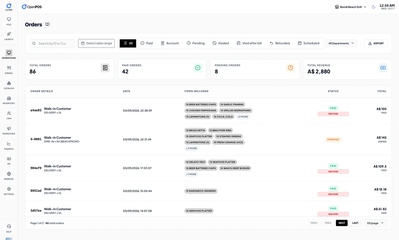Order list with status filters, paid and pending badges and totals