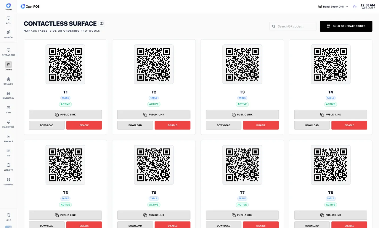Per-table QR codes with public link, download and disable buttons