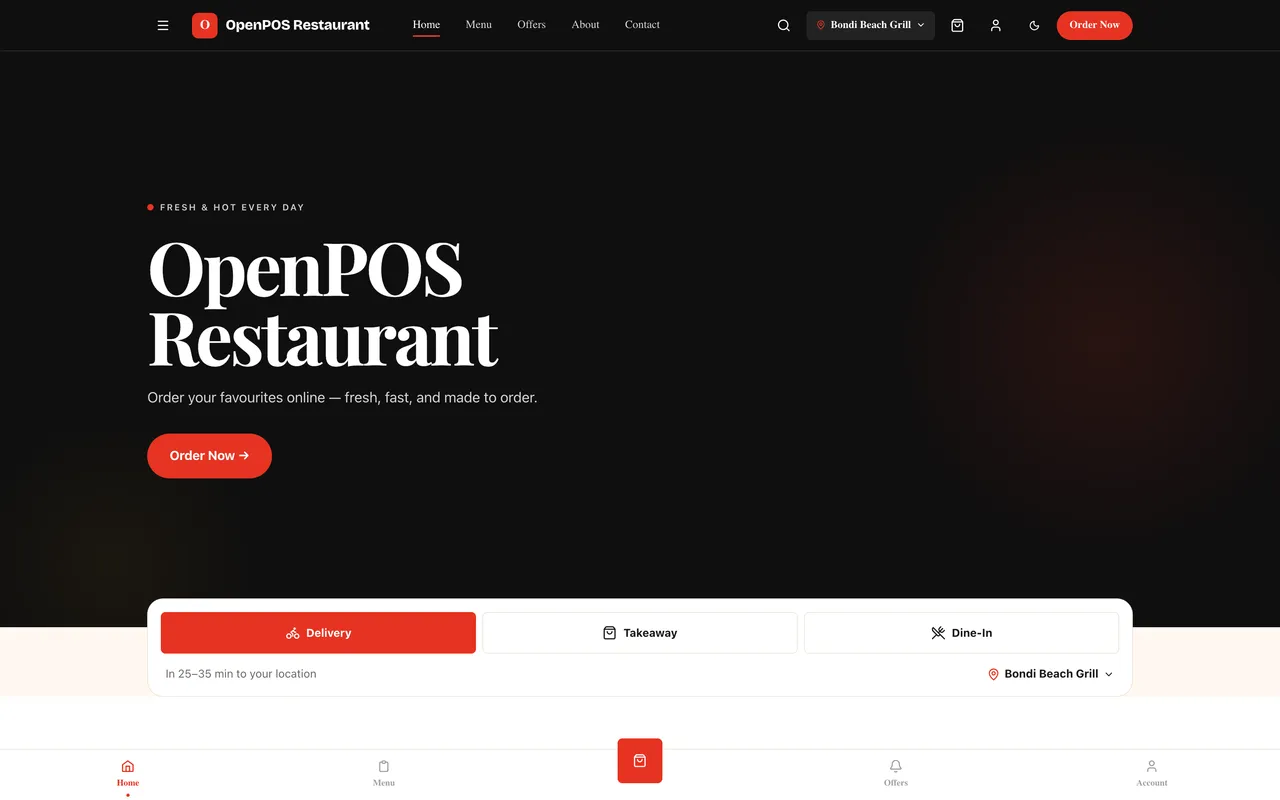 Branded online ordering website with delivery, takeaway and dine-in choices and a branch picker