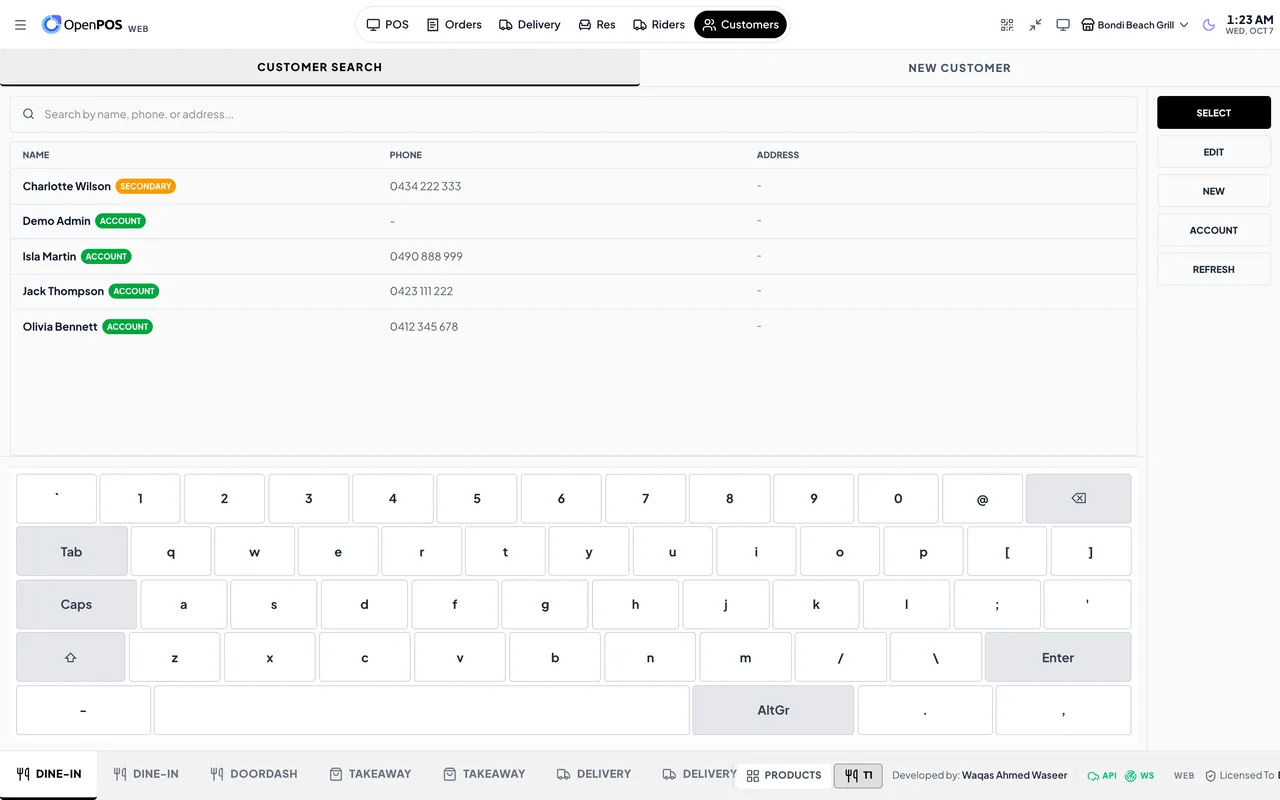 Customer search inside the POS with an on-screen keyboard and account badges
