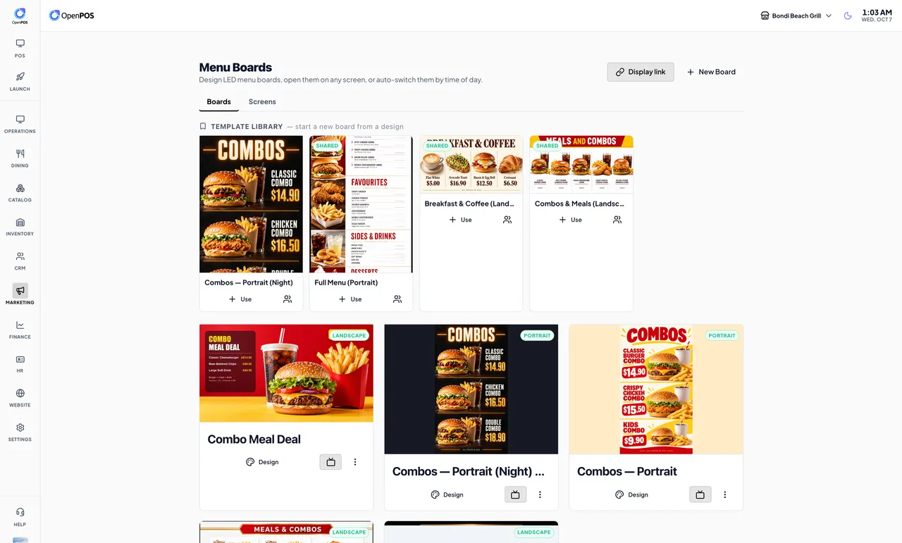 Menu board template library with landscape and portrait boards