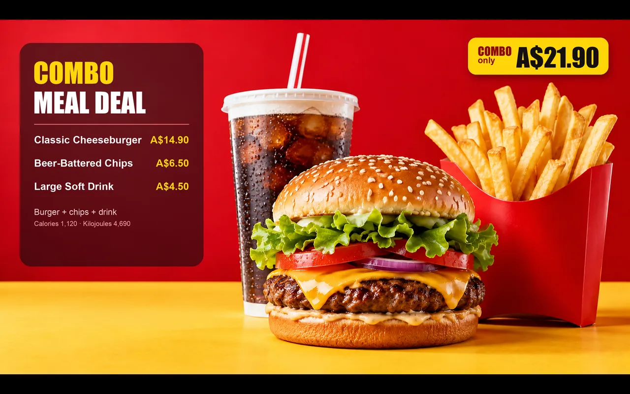 Combo meal deal menu board on a TV, with item prices pulled from the POS