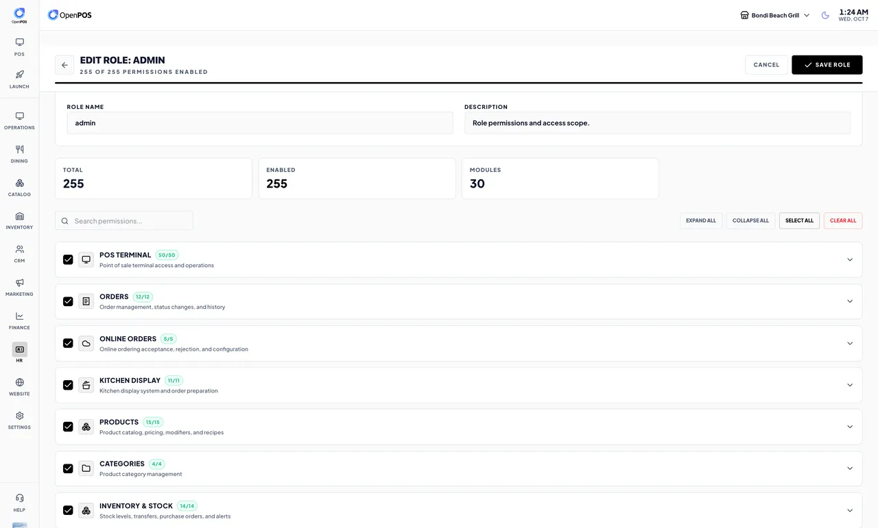 Role editor with 255 permissions grouped into modules