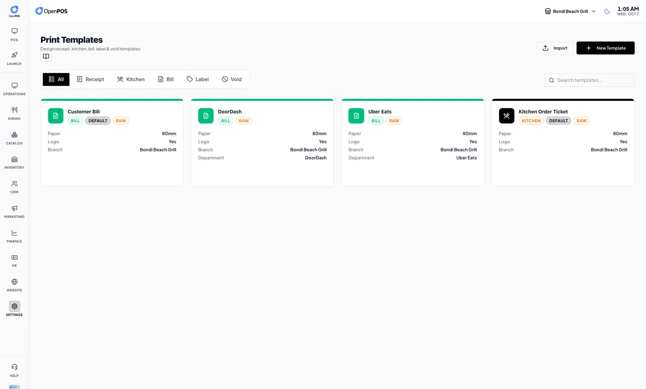 Print templates for customer bill, DoorDash, Uber Eats and kitchen order ticket