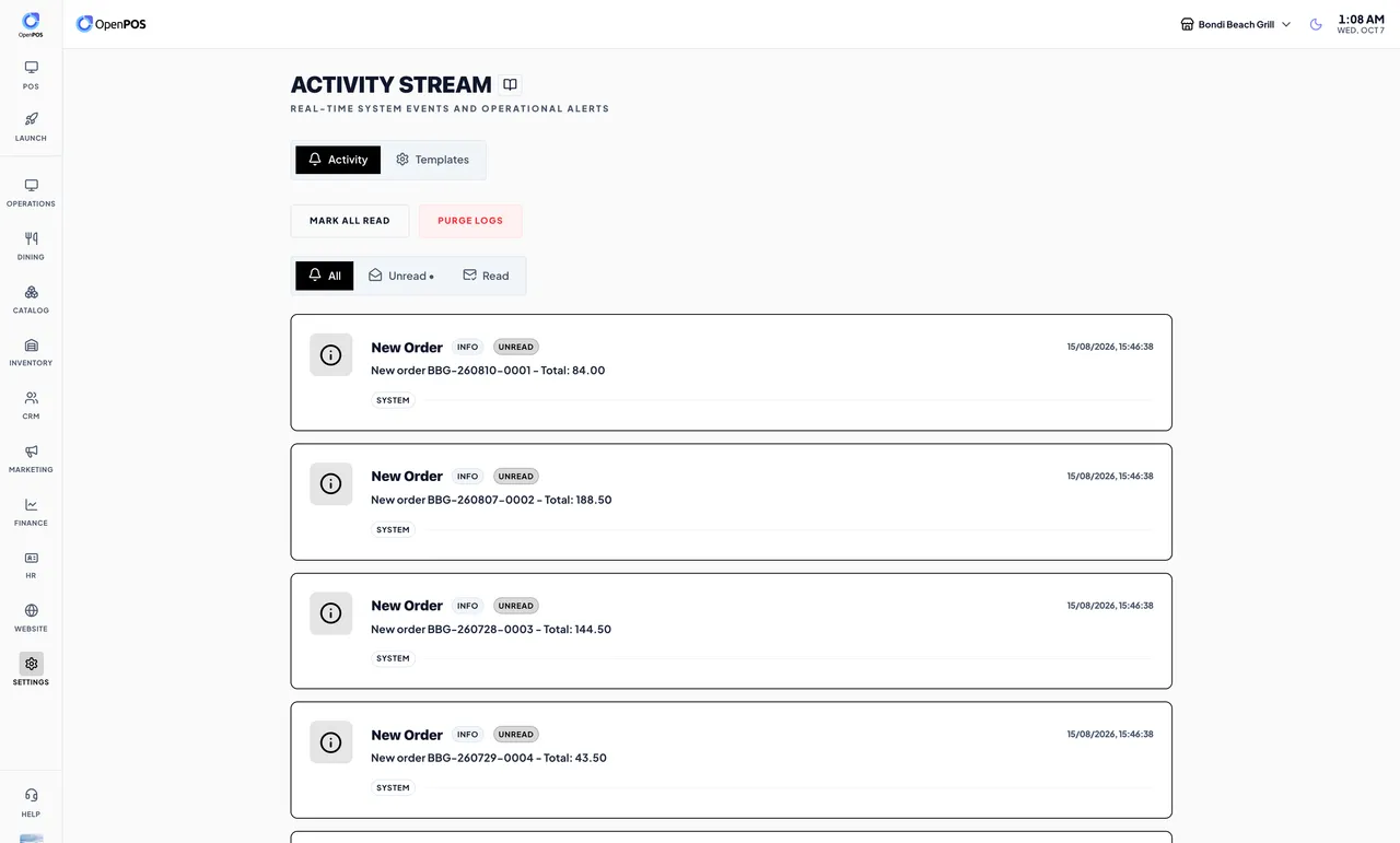Activity stream with real-time new-order alerts