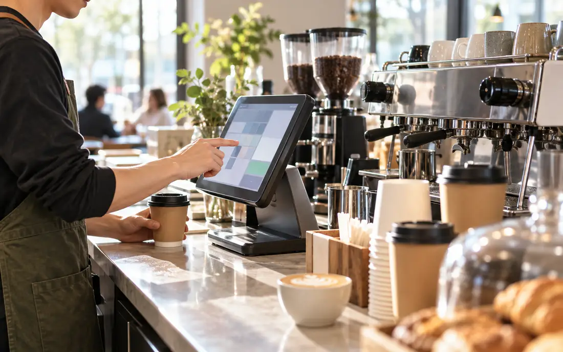 A cafe counter with a POS terminal next to the espresso machine (illustrative)