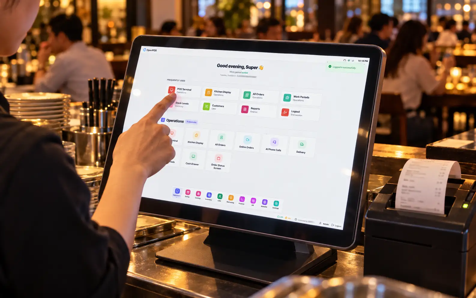 SureTill launchpad screen in a restaurant (illustrative)