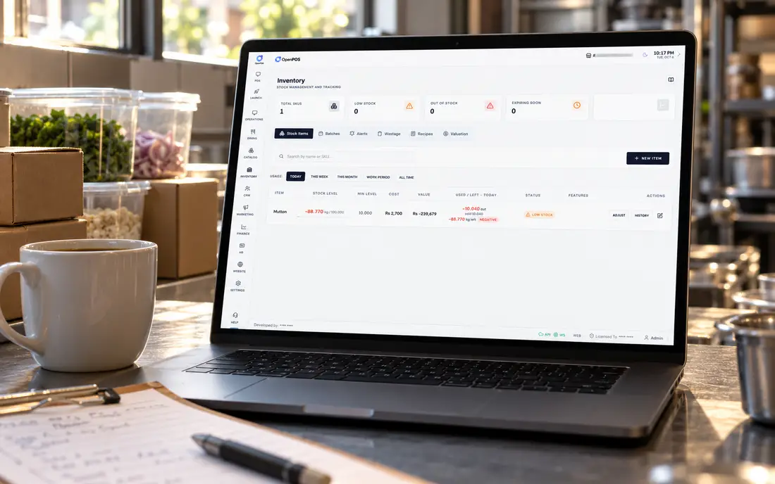 SureTill inventory screen on a laptop in a restaurant back office (illustrative)