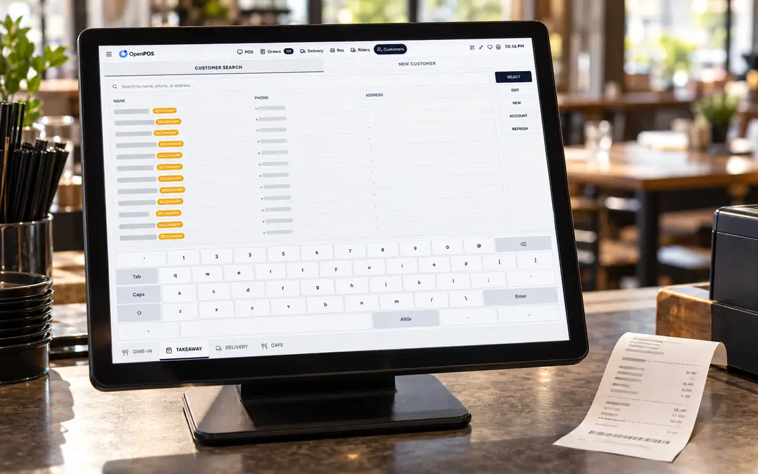SureTill customer search screen at the counter next to a printed statement (illustrative)