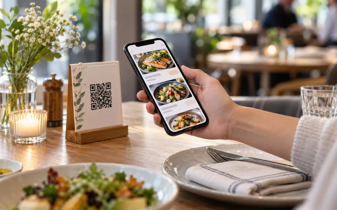 A guest scanning a table QR code to open the menu on a phone (illustrative)