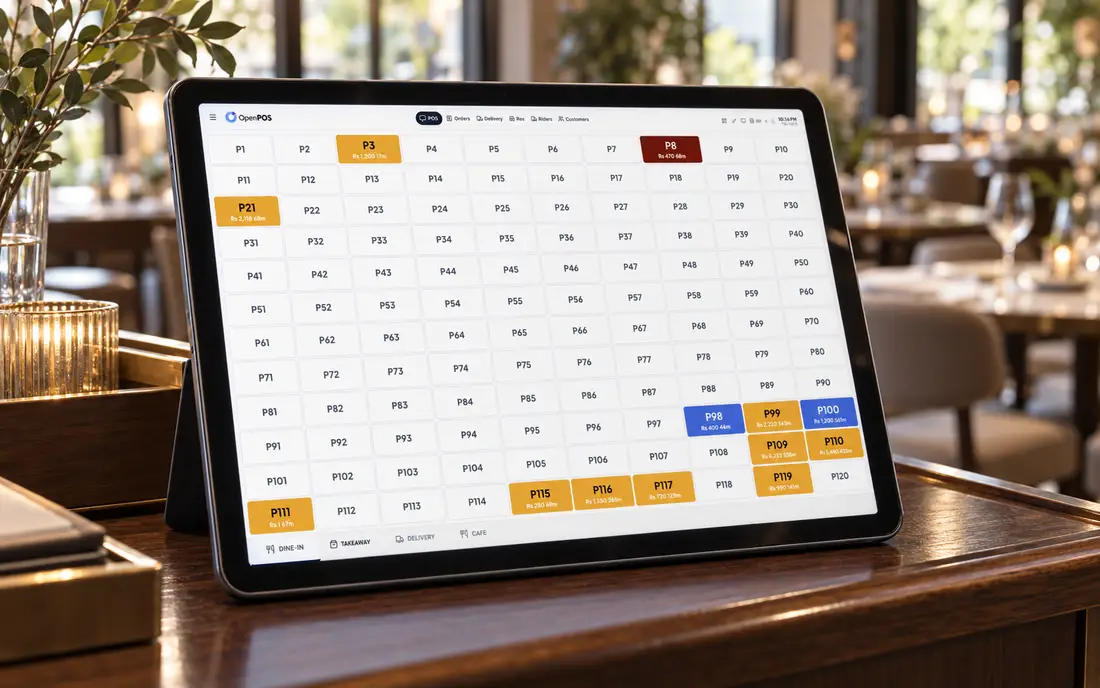 SureTill table screen on a tablet, with occupied tables highlighted (illustrative)
