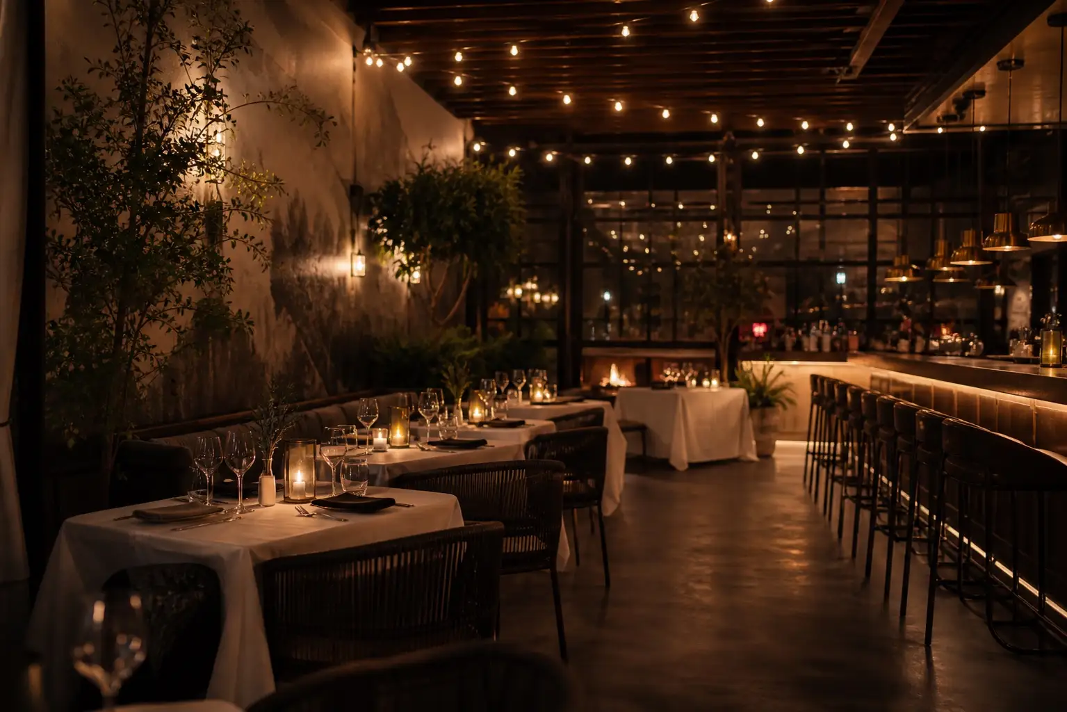 A restaurant dining room in the evening, illustrative, not an actual photo of Flavourz