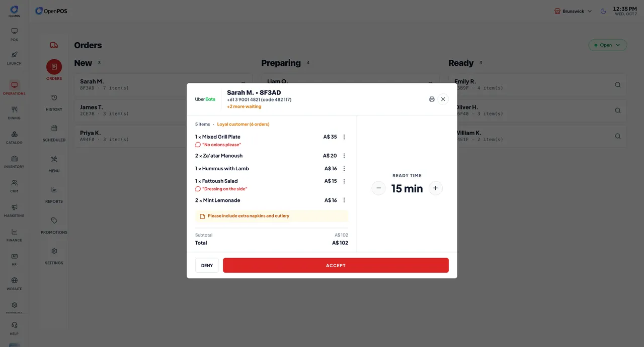 Incoming Uber Eats order popup in SureTill with items, notes, a ready-time stepper and accept and deny buttons