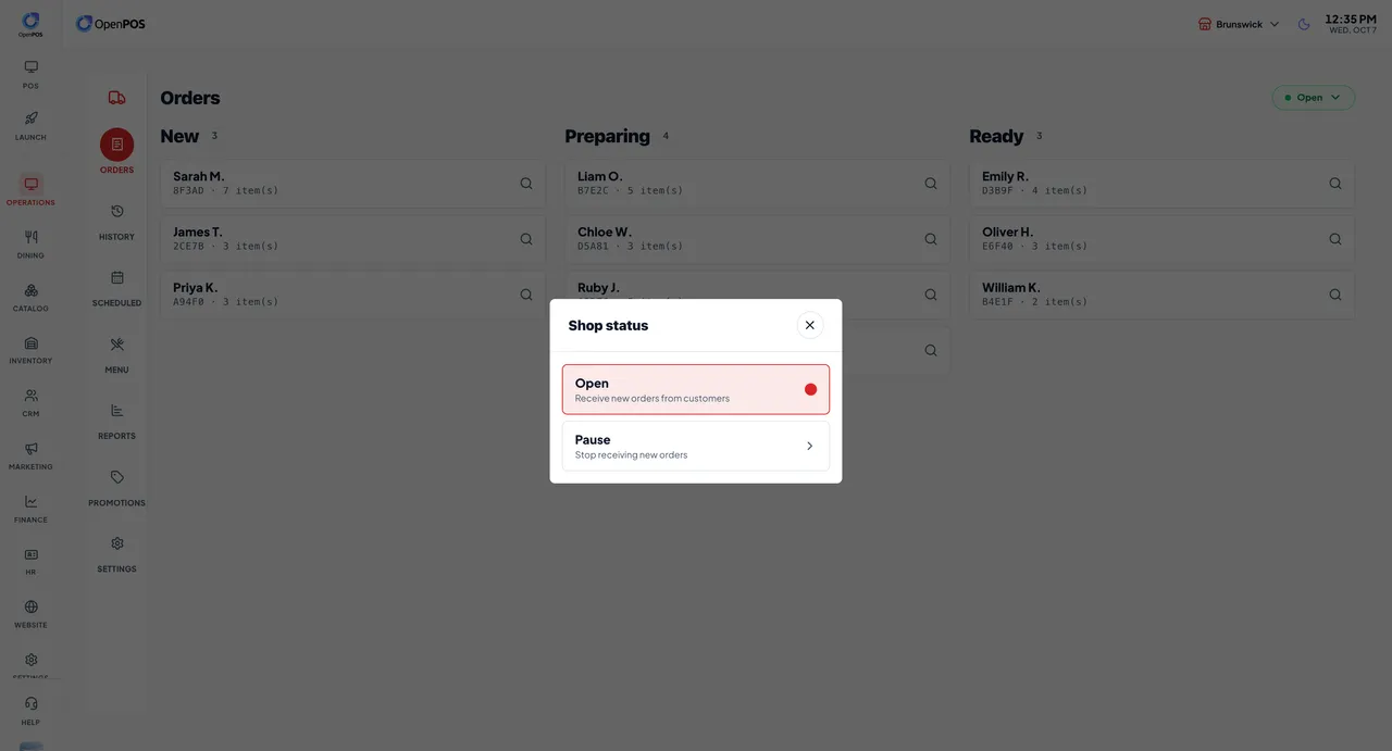 Uber Eats shop status control with open and pause options