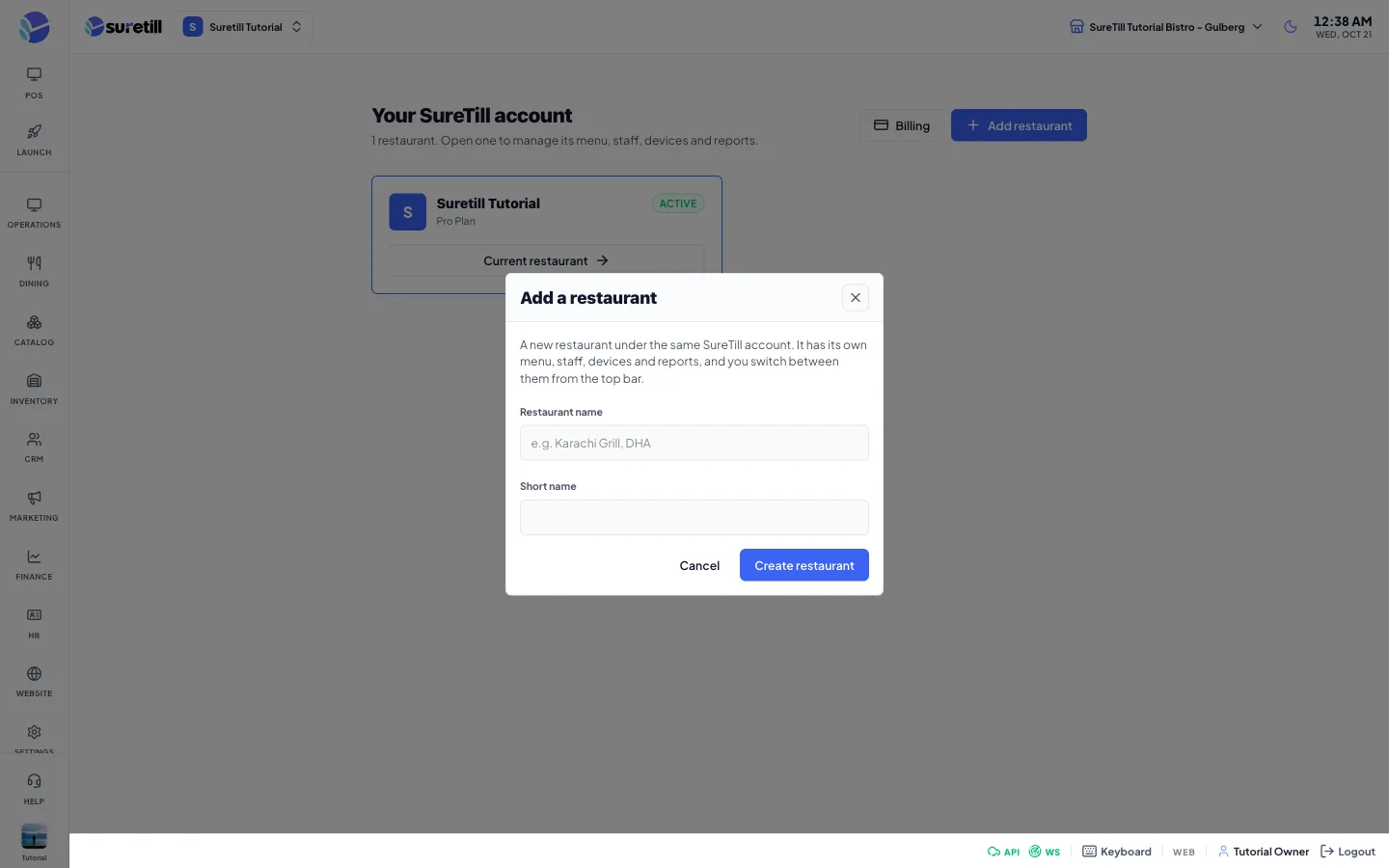 The add restaurant window on the Your account and several restaurants page