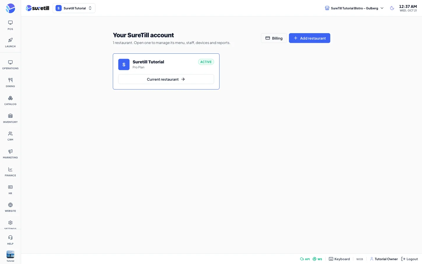 The Your SureTill account page with one card per restaurant and the Billing and Add restaurant buttons