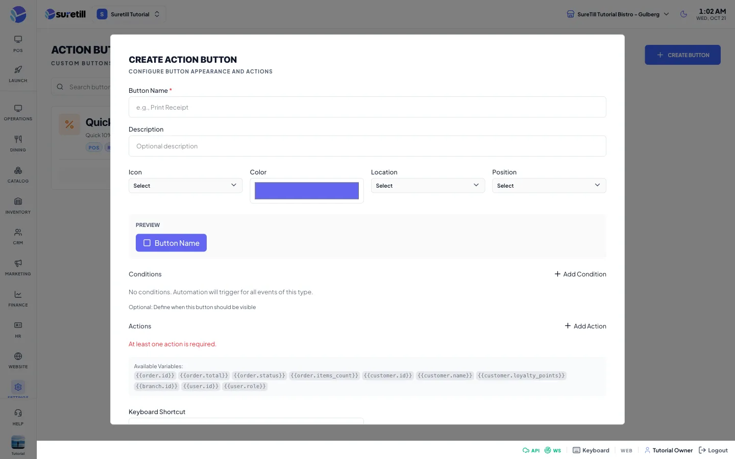 The create button window on the Action Buttons page