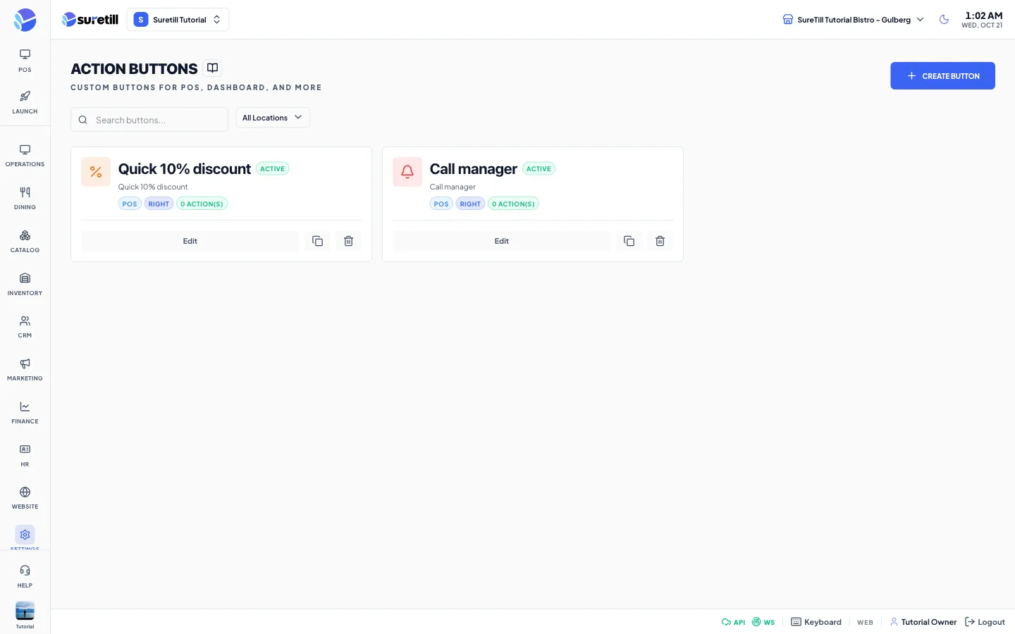 The Action Buttons page with a search box, a location filter and a grid of button cards.