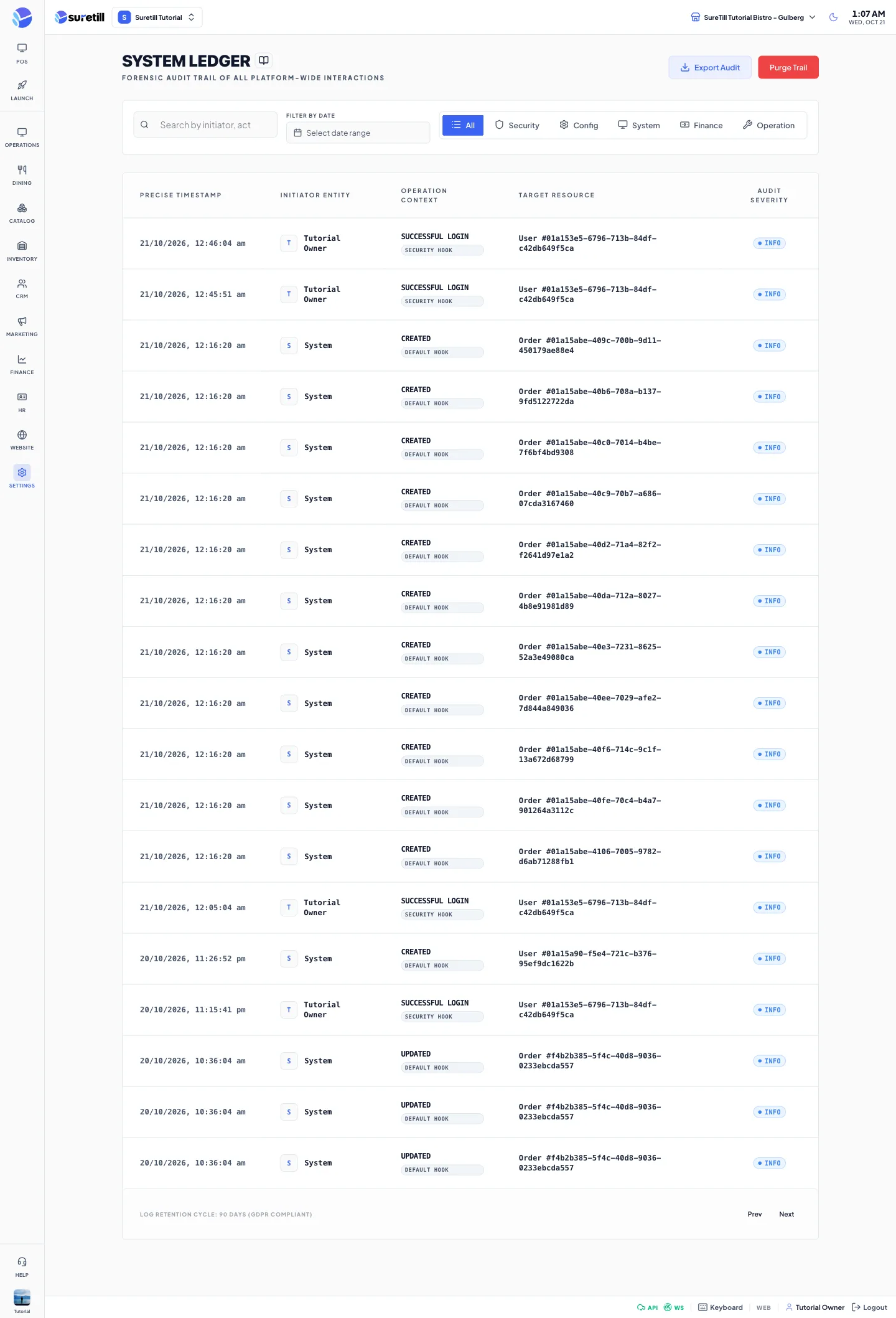 The System Ledger page with a search box, a date filter, category tabs and the table of audit entries