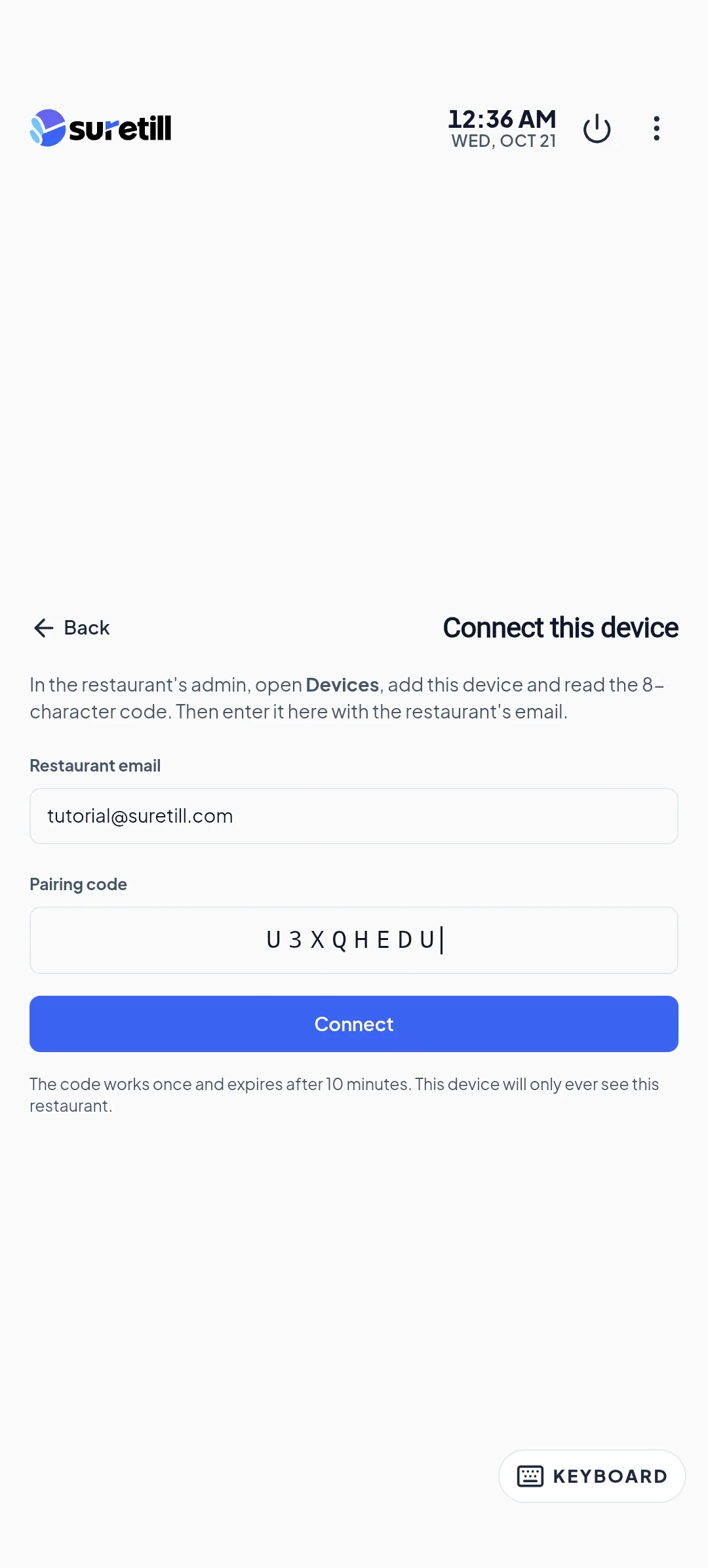 The Connect this device screen with the restaurant email and an 8-character pairing code typed in