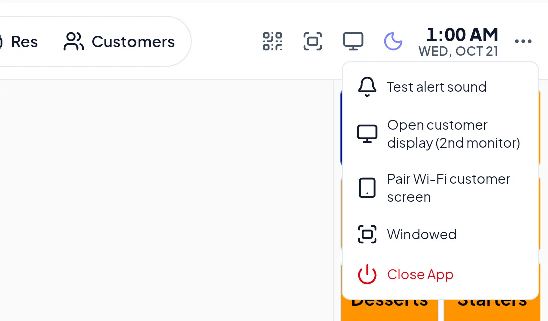 The three-dot menu of the Android POS showing Test alert sound, Open customer display (2nd monitor), Pair Wi-Fi customer screen, Windowed and Close App
