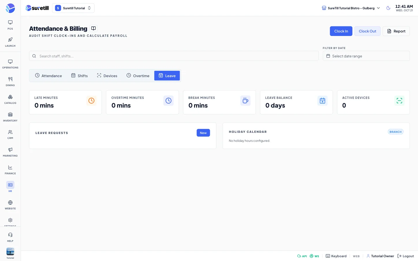 The leave window on the Attendance, Shifts and Leave page