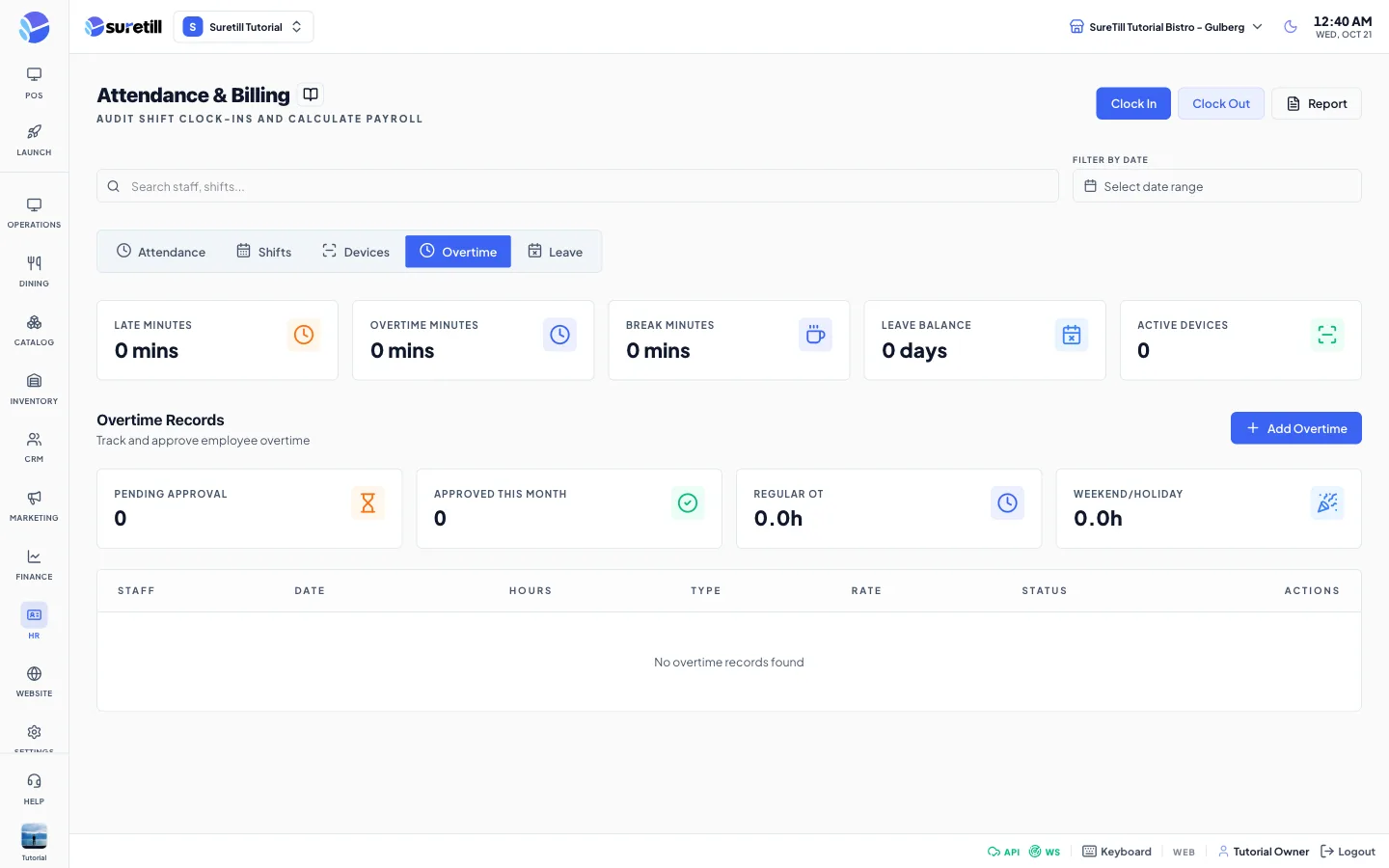 The overtime window on the Attendance, Shifts and Leave page