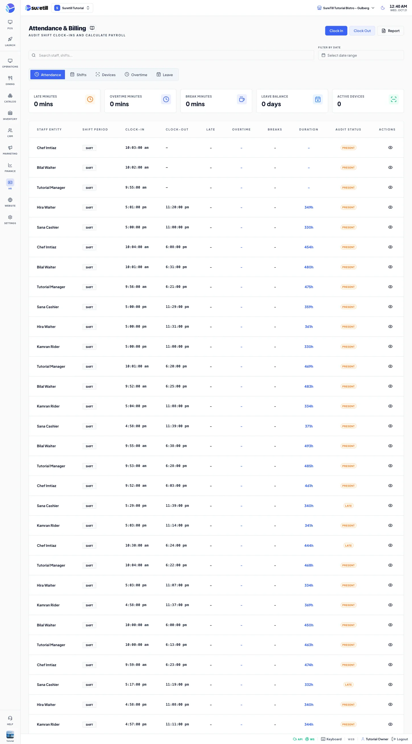 The Attendance page with Clock In and Clock Out buttons, five summary cards, five tabs and the attendance table