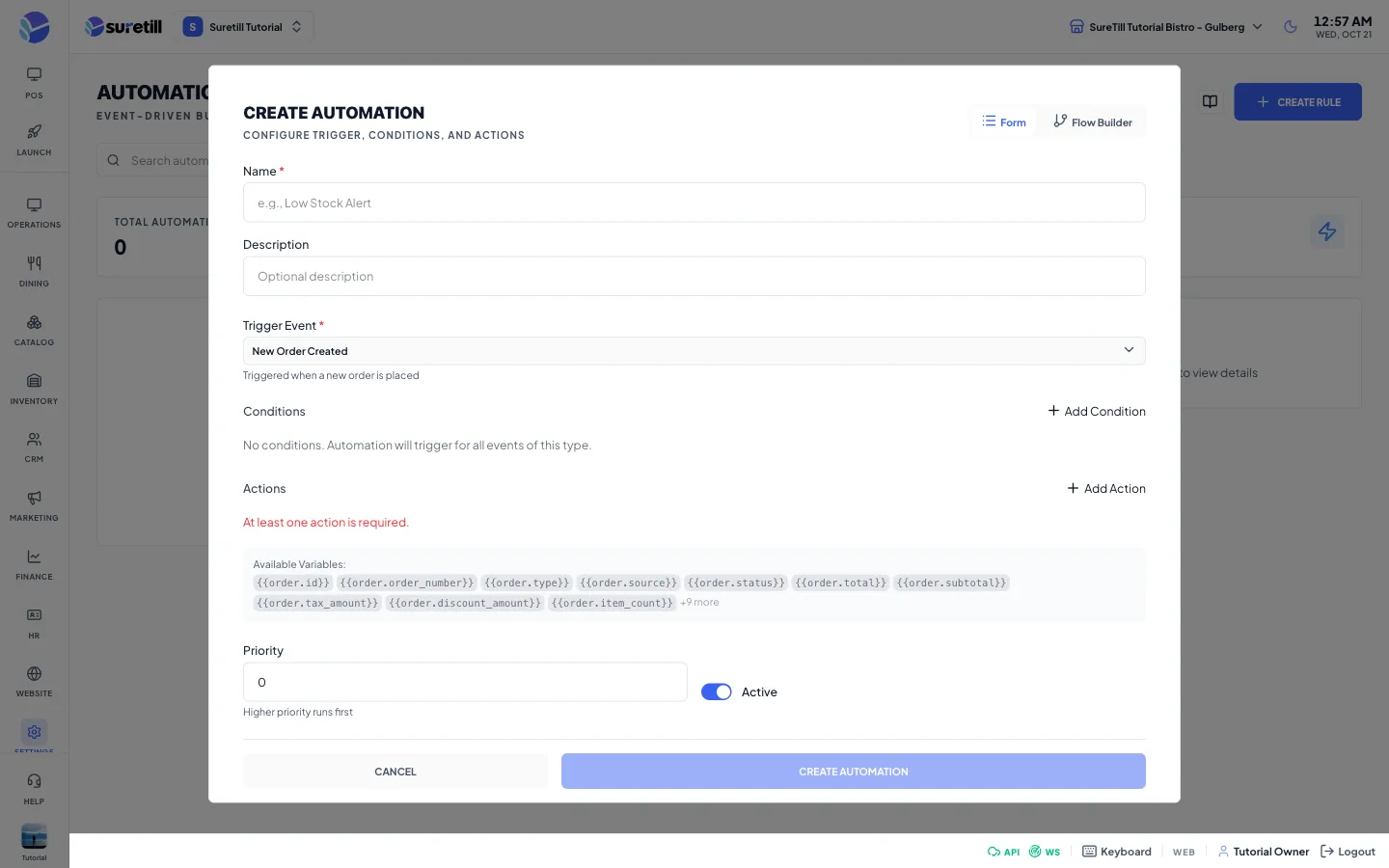 The create rule window on the Automation rules page