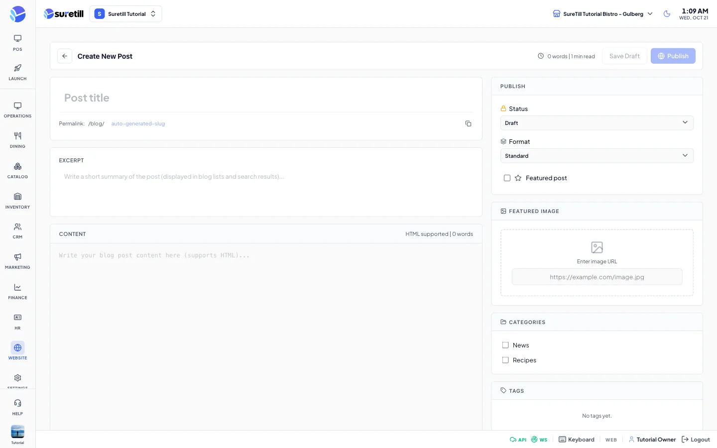 The new post window on the Blog page