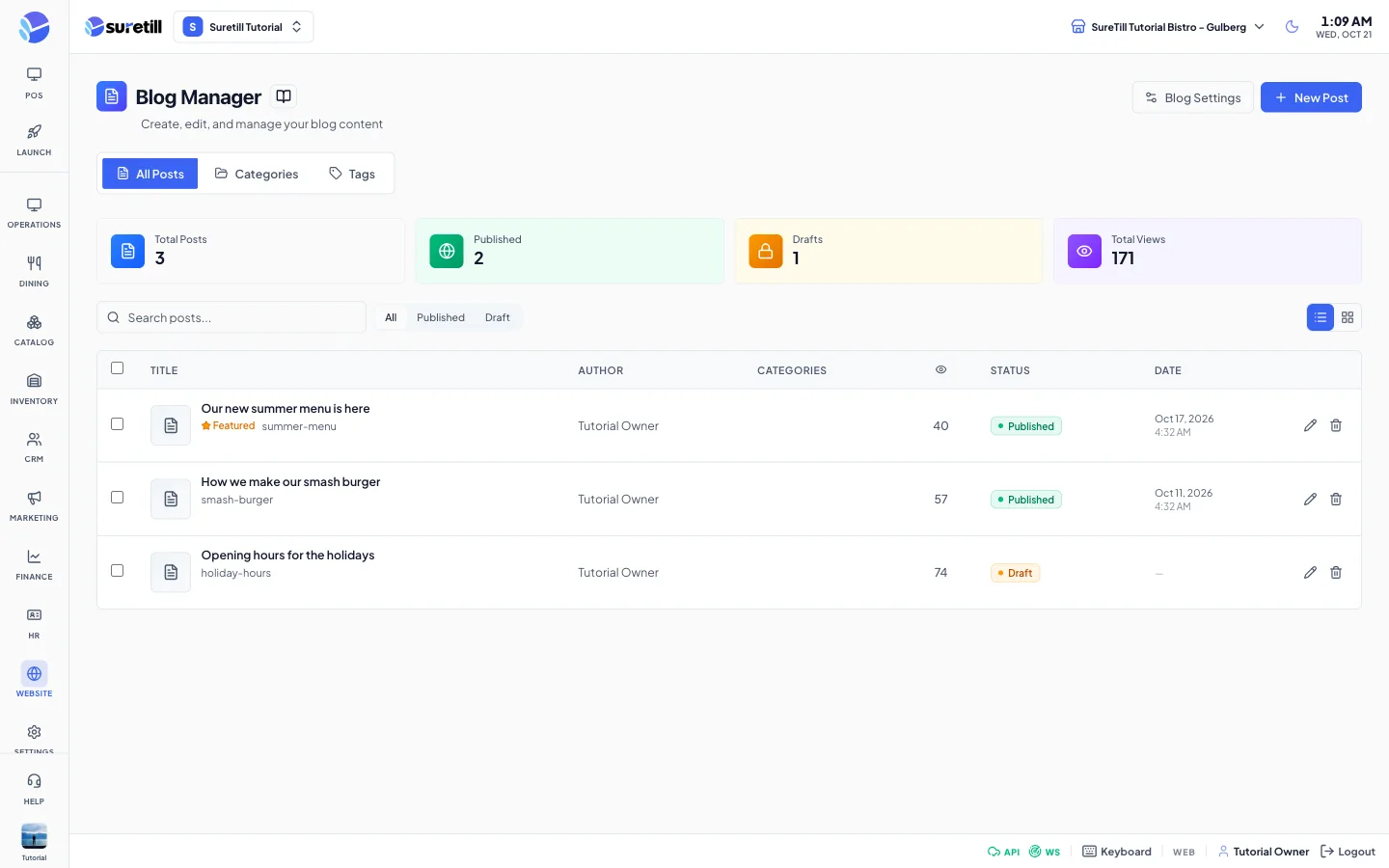 The Blog Manager with four counters, a search box, status filter and a table of posts
