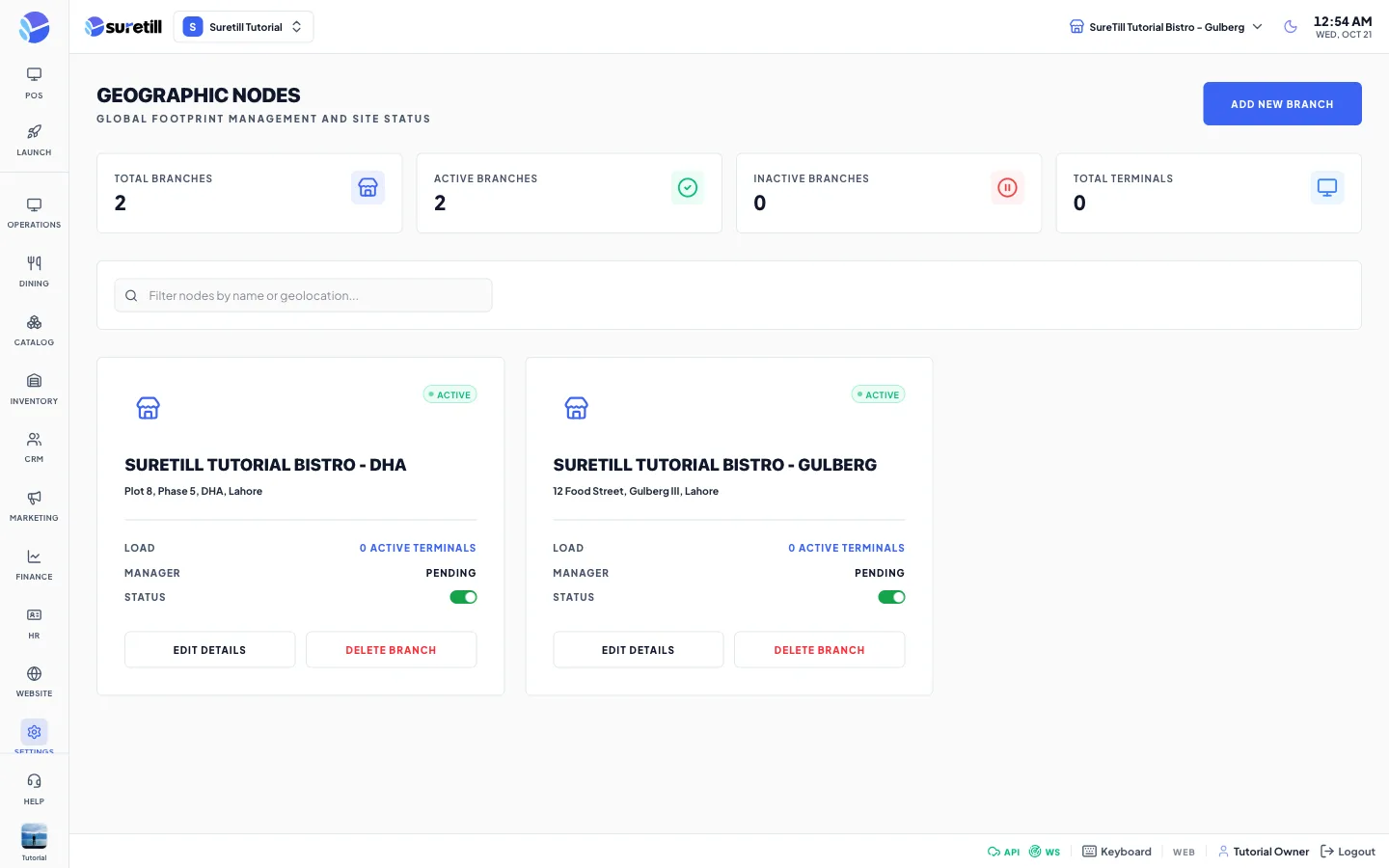 The Branches page with four counters at the top (Total Branches, Active Branches, Inactive Branches, Total Terminals) and a card for each branch.