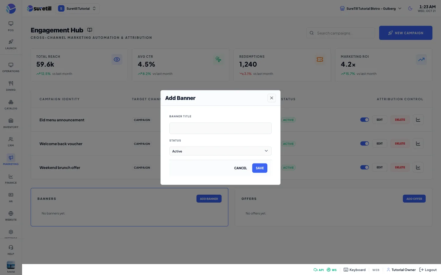 The add banner window on the Campaigns, Banners and Offers page