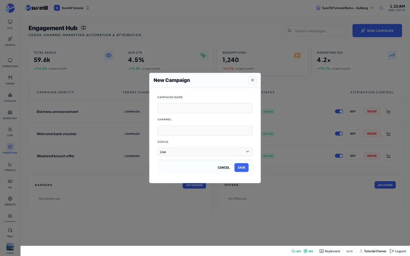 The new campaign window on the Campaigns, Banners and Offers page