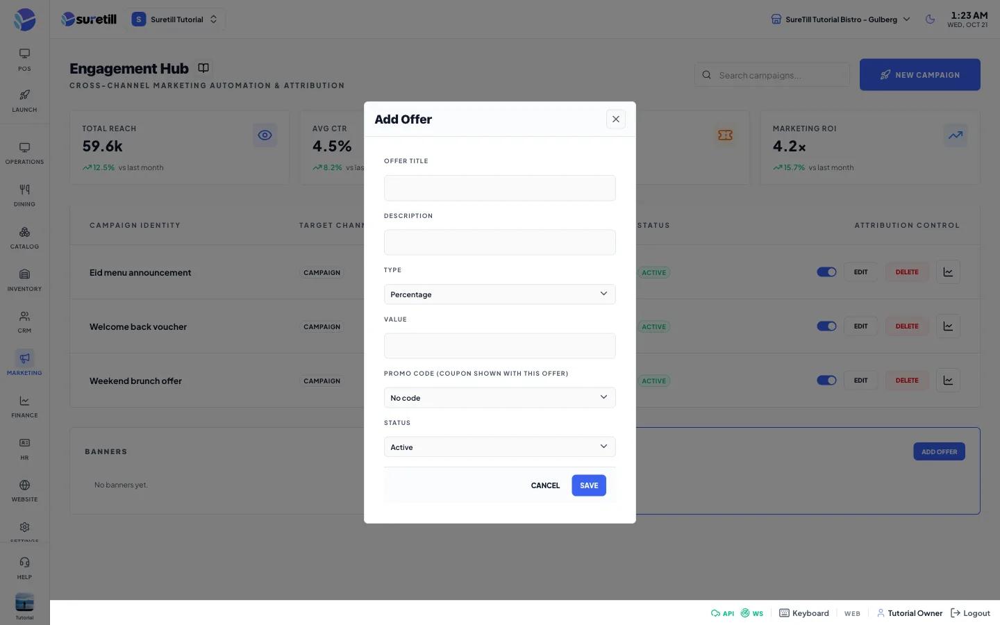 The add offer window on the Campaigns, Banners and Offers page