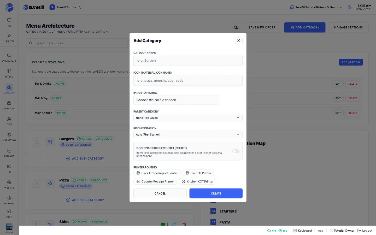The add category window on the Categories and kitchen stations page