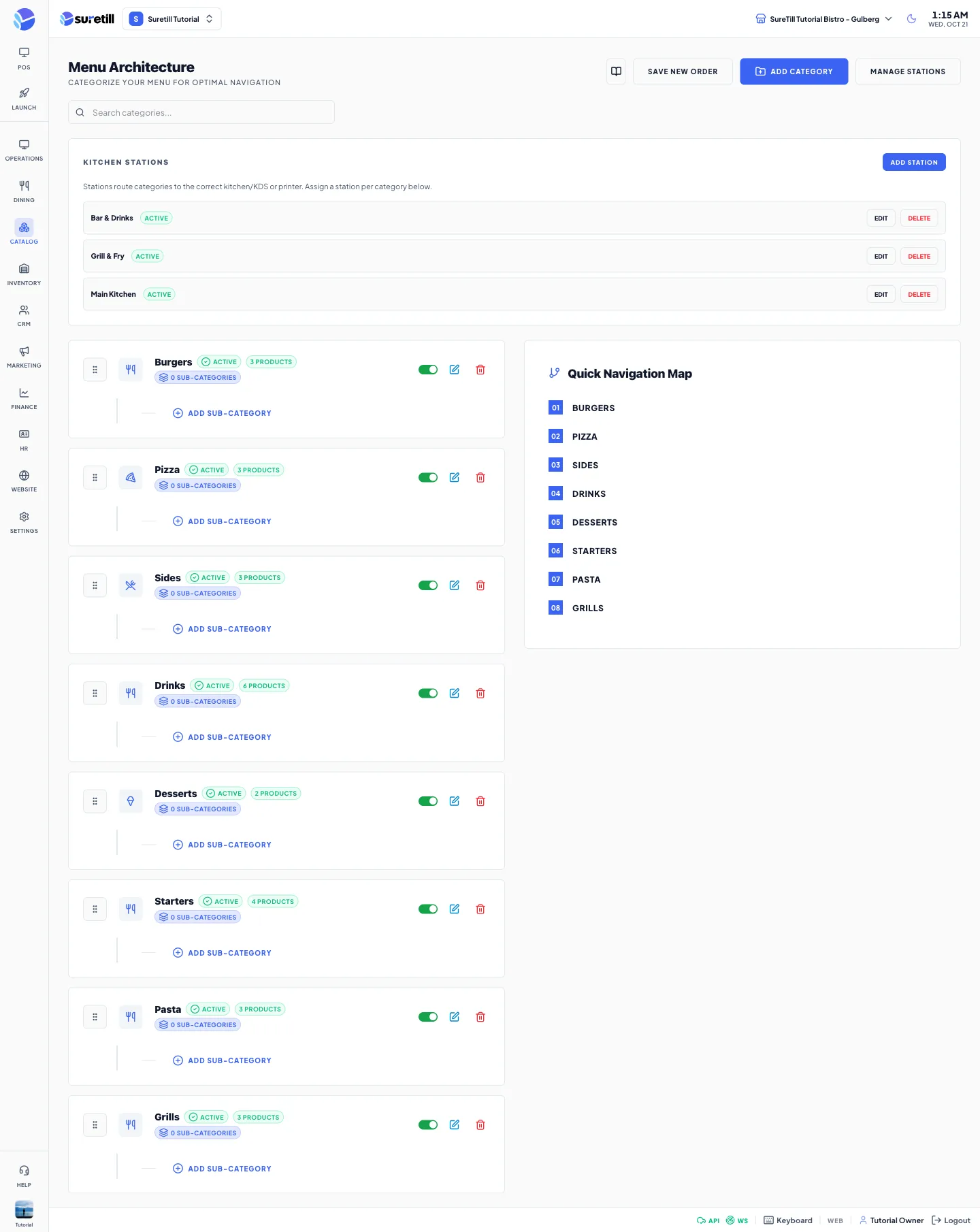 The Categories page with the kitchen stations card and the category cards.