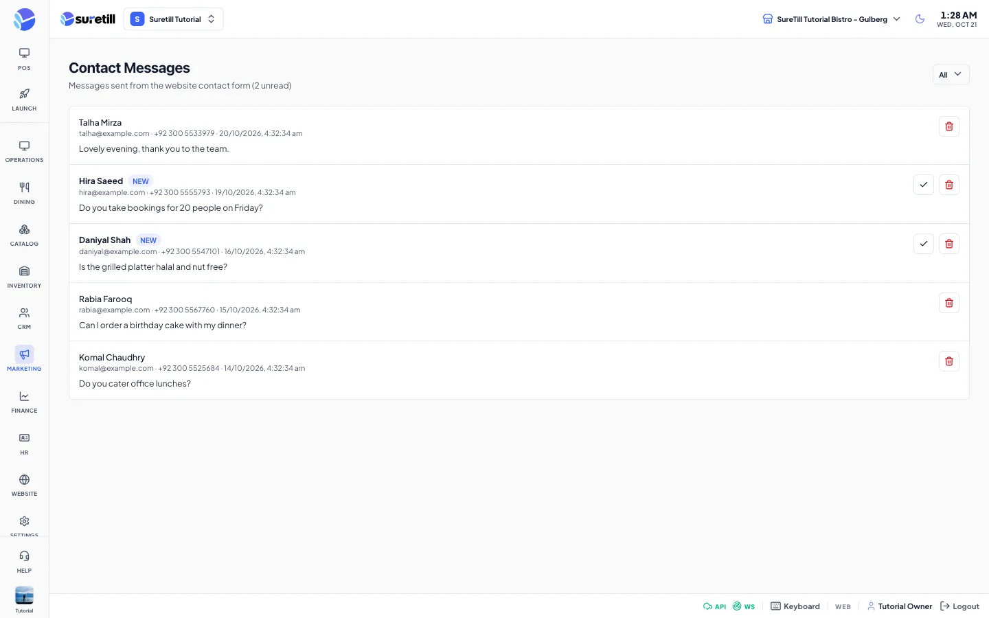 The Contact Messages page with a list of messages and the Read filter