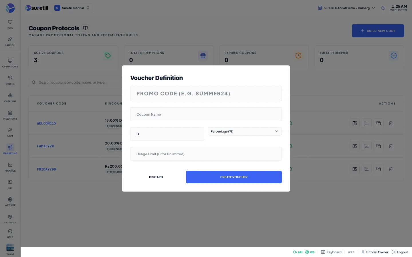 The build new code window on the Coupons page