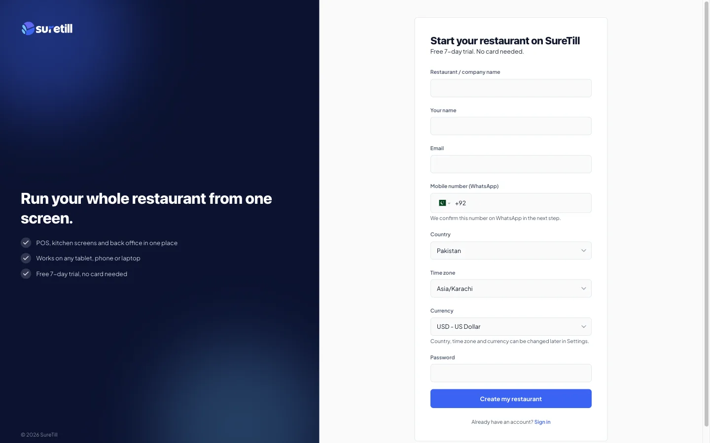 The Start your restaurant on SureTill form with company name, owner name, email, mobile number, country, time zone, currency and password