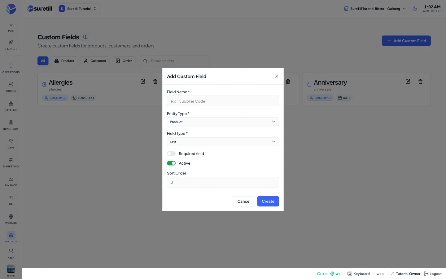 The add custom field window on the Custom Fields page