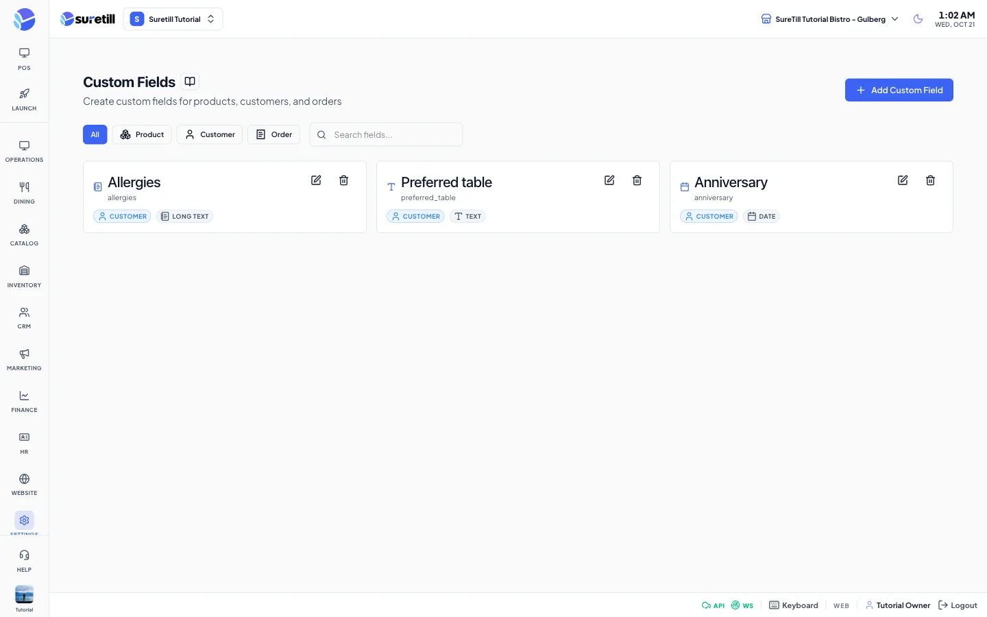 The Custom Fields page with entity filter buttons, a search box and a grid of field cards.