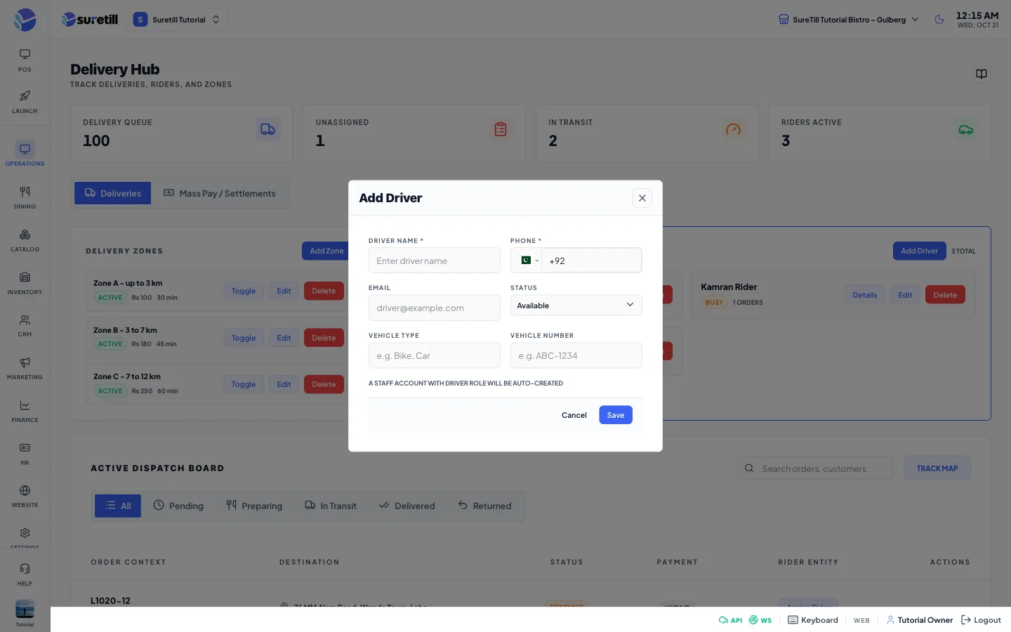 The add driver window on the Delivery page