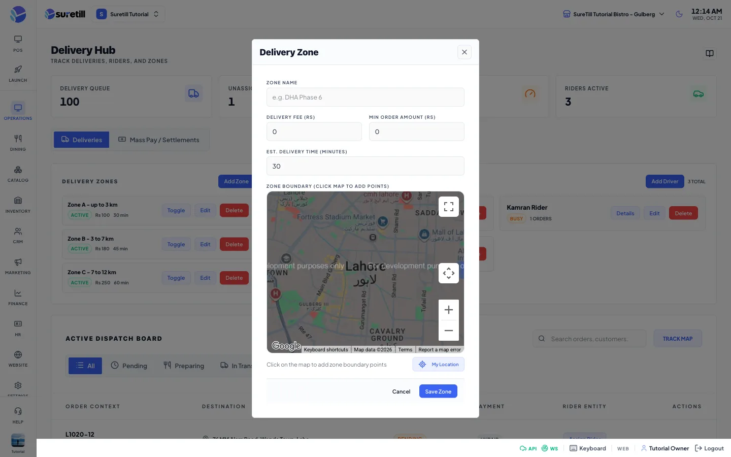 The add zone window on the Delivery page