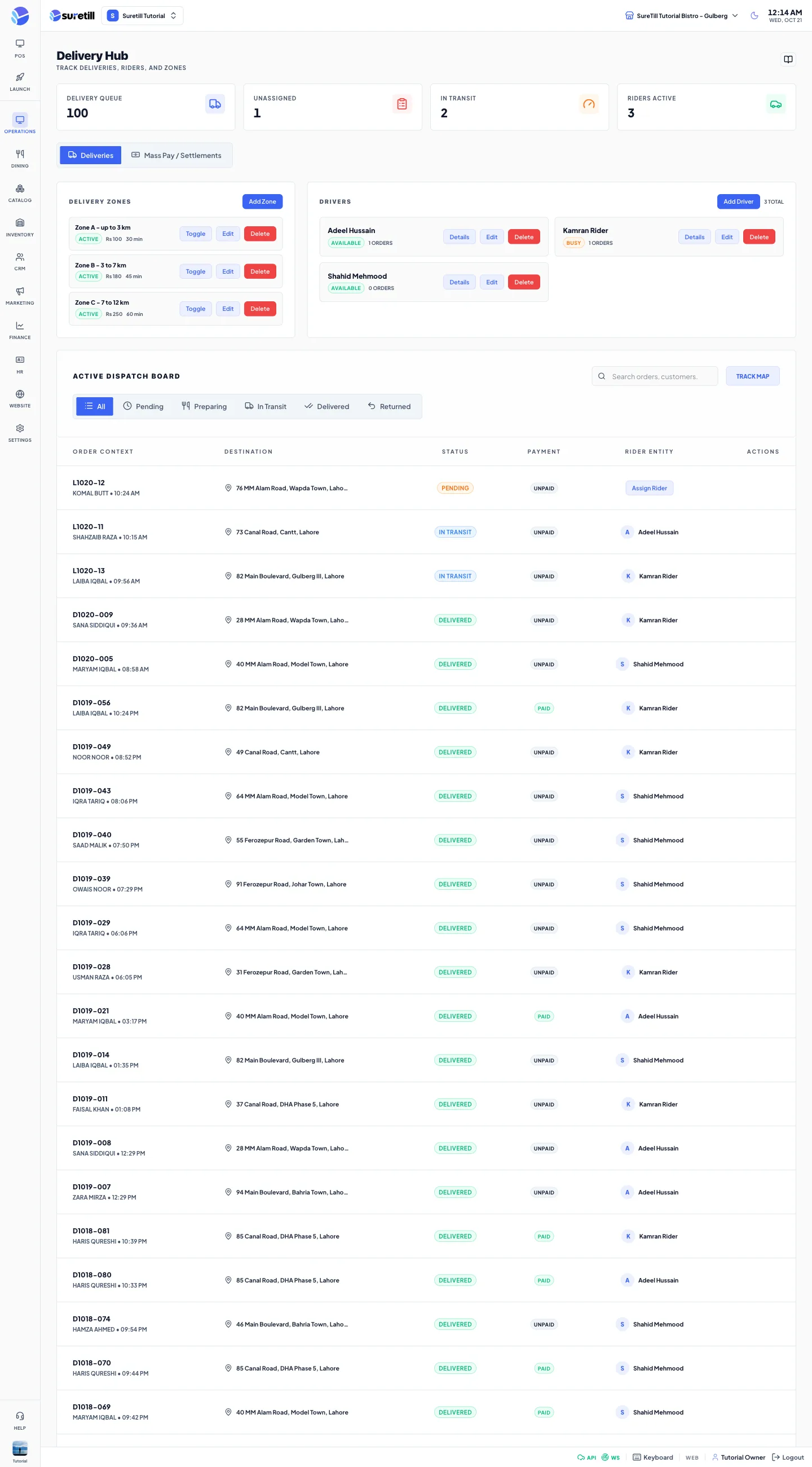 The Delivery Hub with statistic cards, delivery zones, drivers and the dispatch board