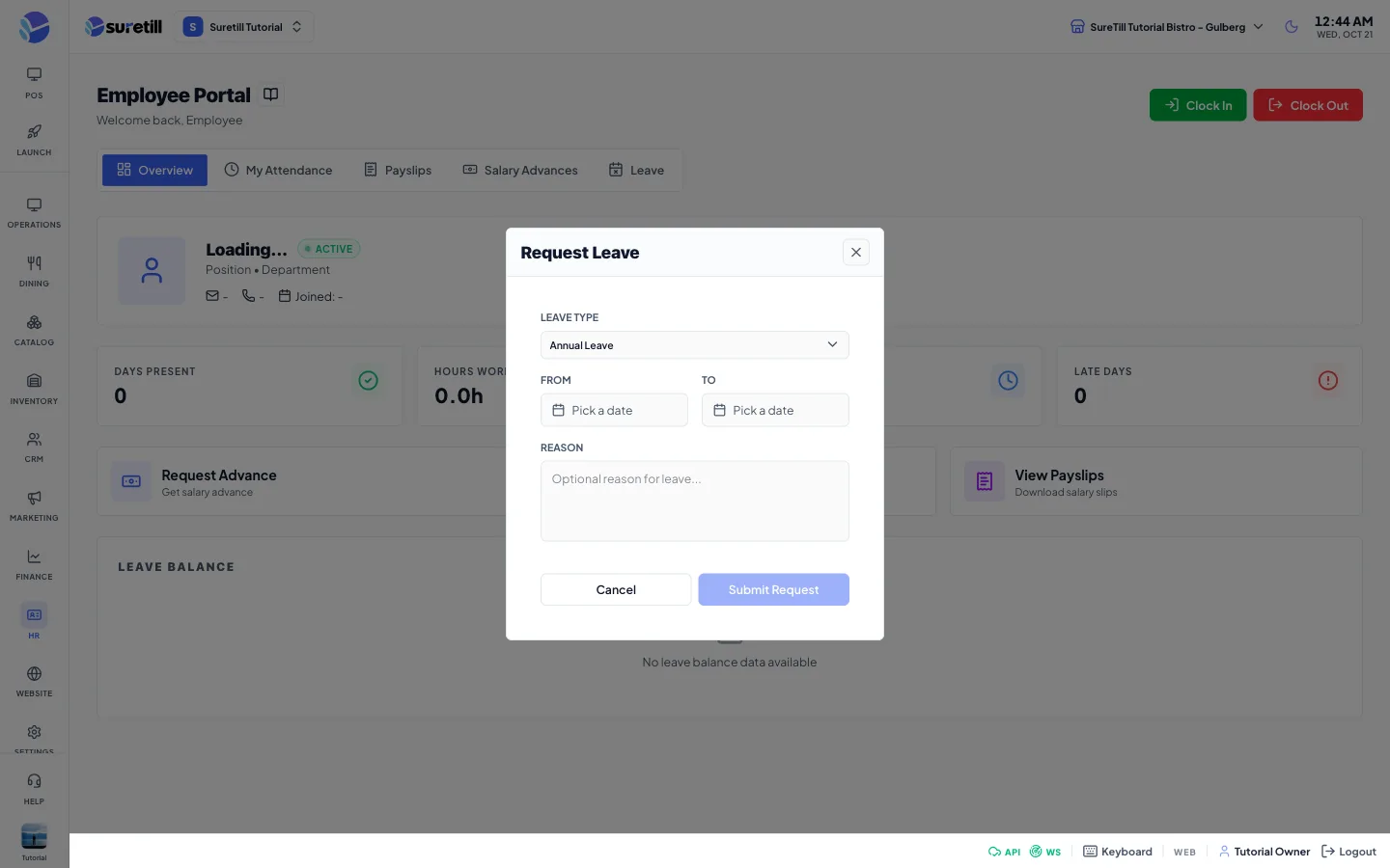 The request leave window on the Employee Self-Service page