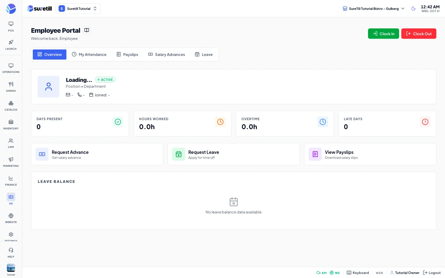 The Employee Portal page with a welcome line, Clock In and Clock Out buttons, five tabs, a profile card and four statistic cards
