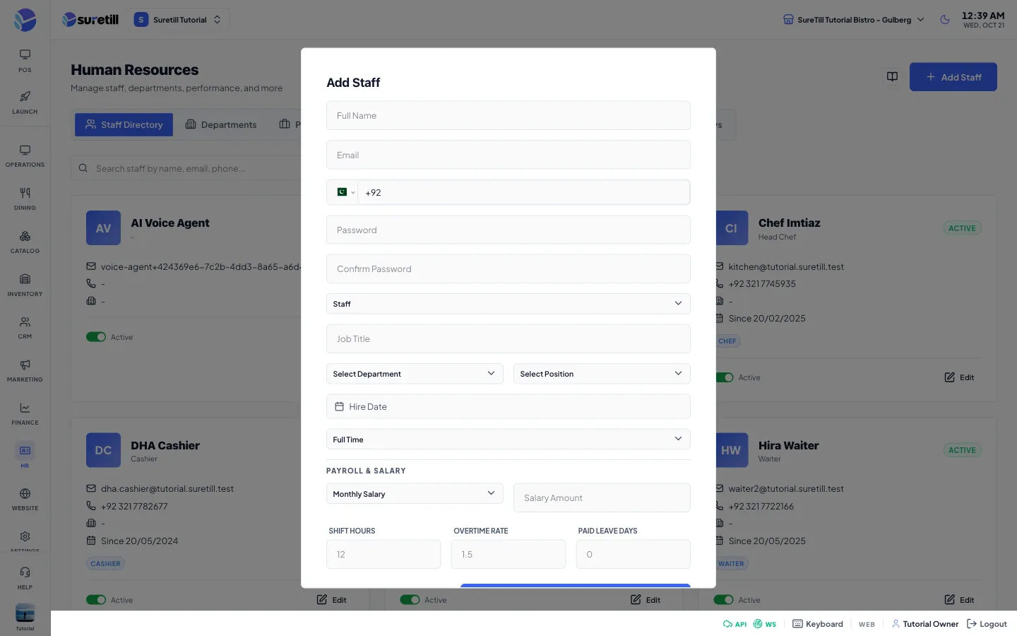 The add staff window on the Employees (Human Resources) page