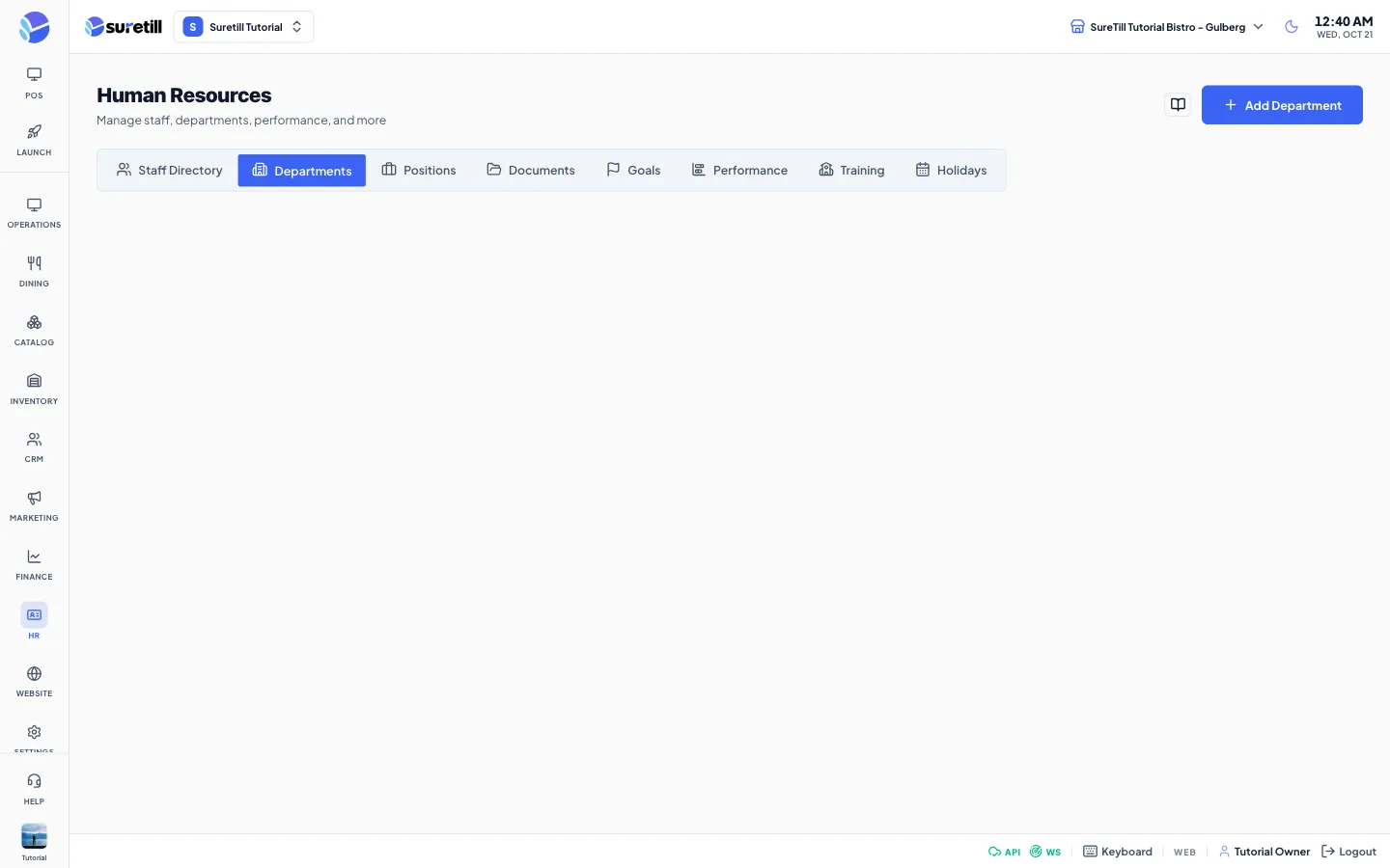 The departments window on the Employees (Human Resources) page